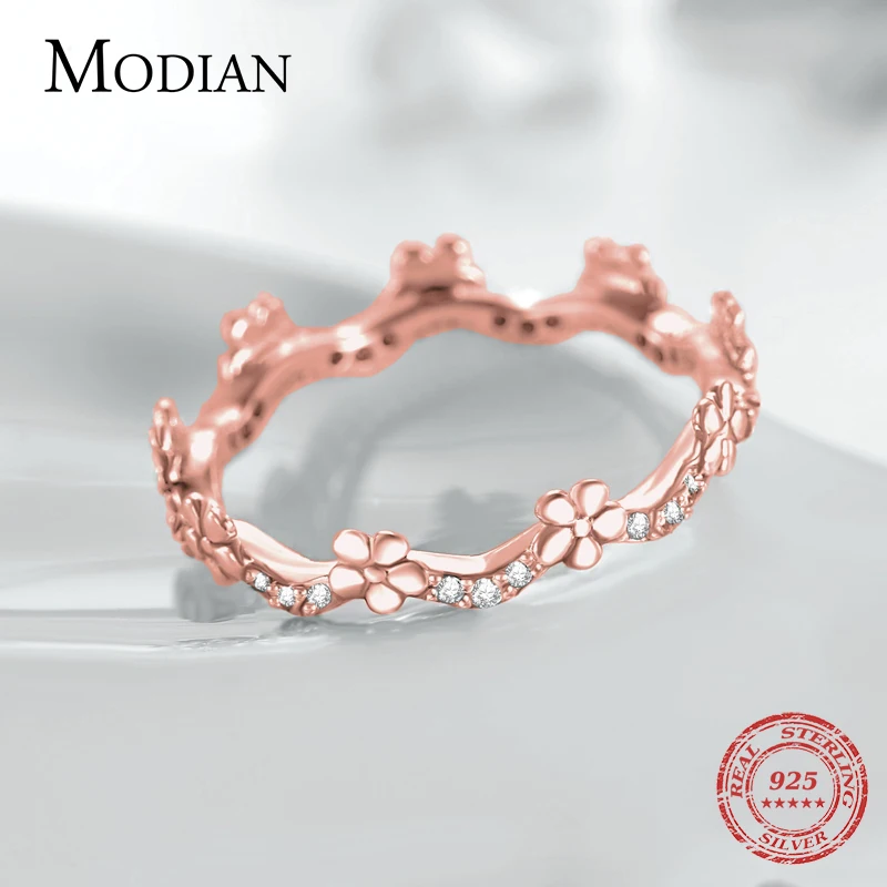 Modian, настоящее 925 пробы, серебряное, 3 цвета, розовое и золотое, кольца на палец, Трендовое, очаровательное, цветочное, штабелируемое кольцо для женщин, хорошее ювелирное изделие