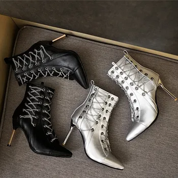 

Women's Shoes Boots Female Pointed Stiletto England Martin Sliver Boots Decoration Metal Chain Tassel Black Ankle Booties