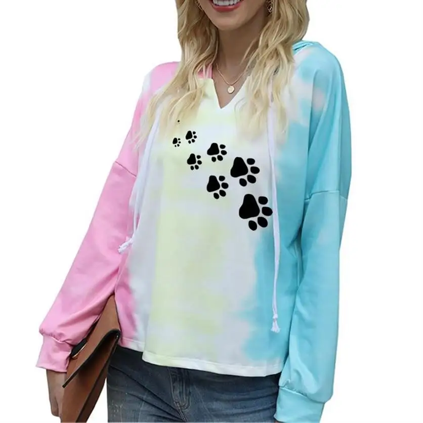 Dog Paw Print Hoodies For Women Tie-Dye Hooded Long-Sleeved Sweatshirt Tops Sweatshirts Corduroy Oversize Ladies Pullovers