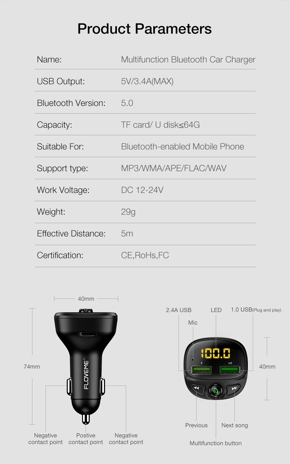 USB Car Charger For Phone Bluetooth Wireless FM Transmitter MP3 Player Dual USB Charger TF Card Music HandFree Car Kit