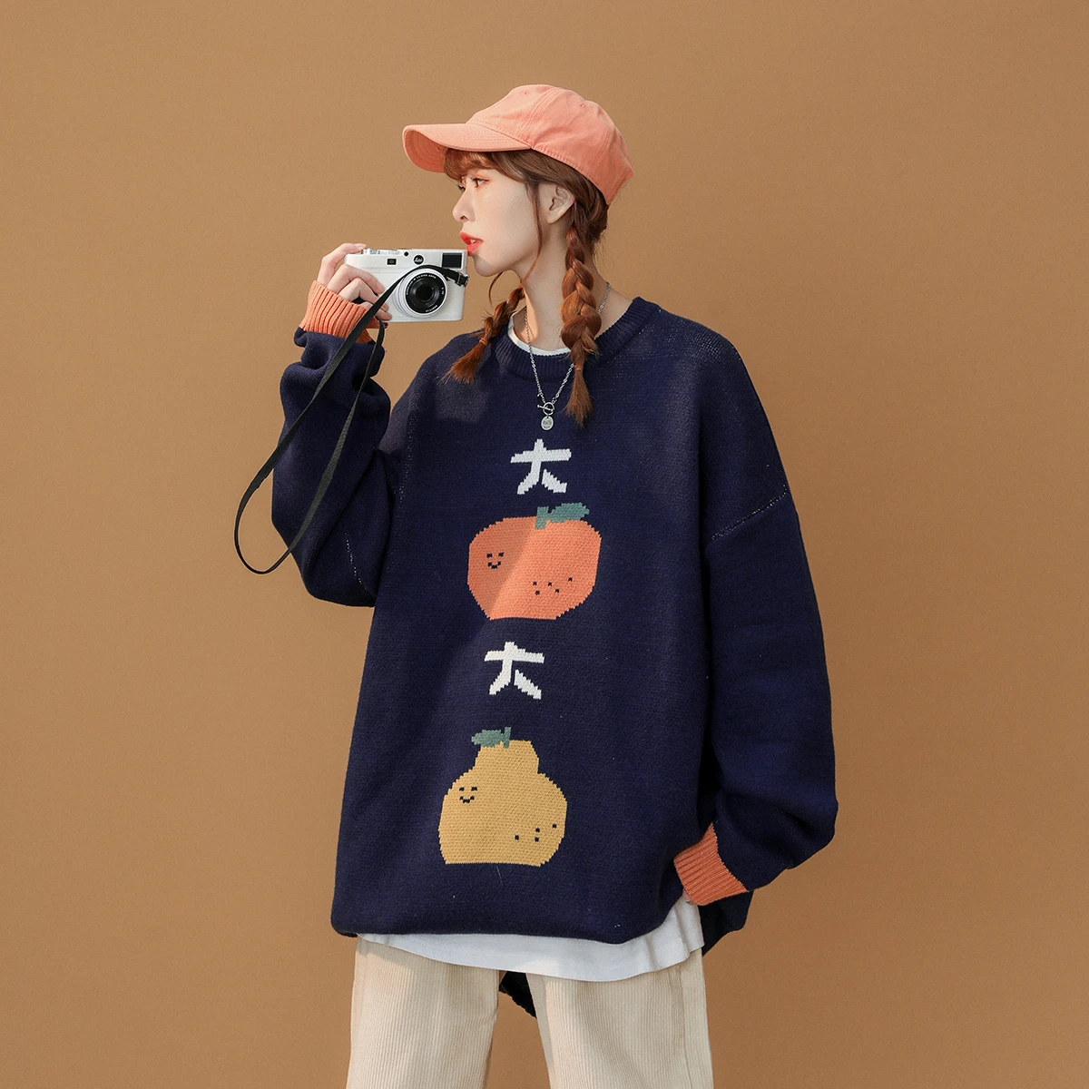 

2021 men's winter clothes new creative fruit text jacquard round neck pullover sweater for men and women
