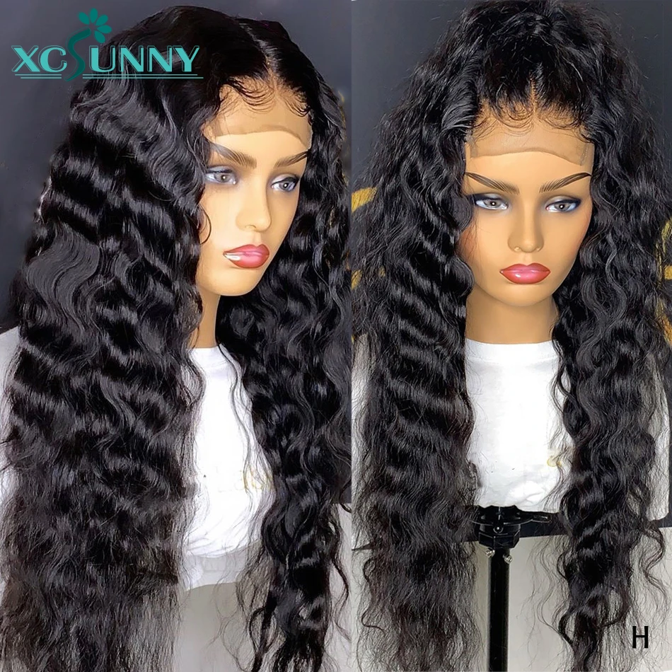 

Deep Wave Fake Scalp Lace Wig Glueless 13x6 Lace Front Human Hair Wigs Remy Brazilian Hair For Women Natural Black xcsunny