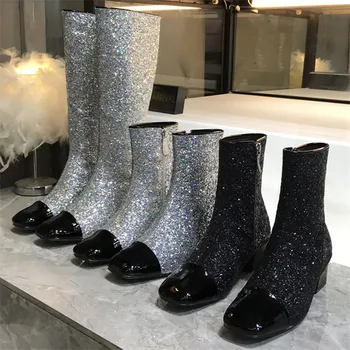 

Sliver Bling Bling Boots Short Glitter Ankle Boots Women Square Toe High Heel Knight Boots Ladies Female Patchwork Shoes Boots
