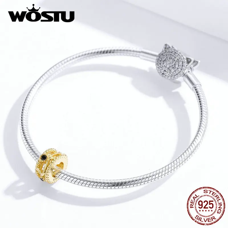 WOSTU, Классическая 925 пробы, серебро, золото, лоза, бисер, циркон, цветок, шарм, подходит для оригинального браслета, кулон, сделай сам, изготовление ювелирных изделий, BKC137