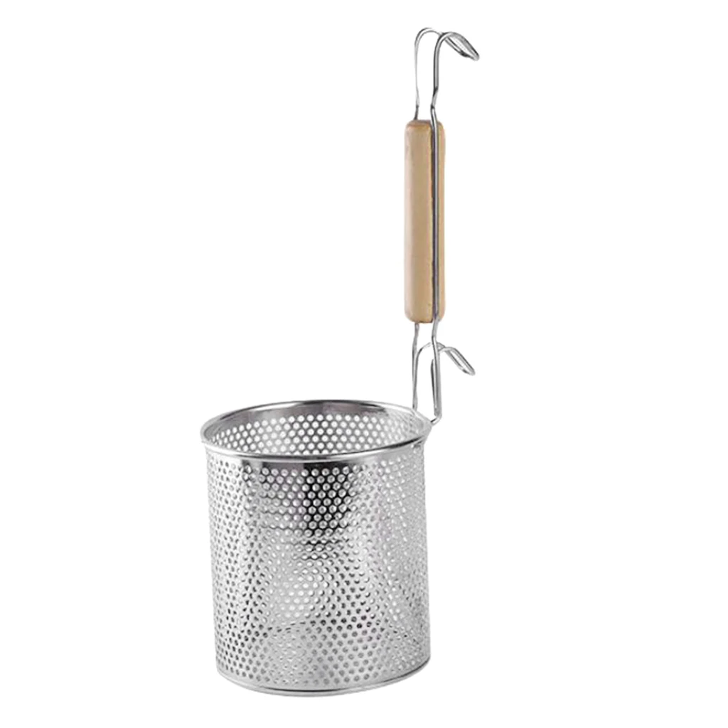 Stainless Steel Noodle Food Strainer with Hook and Wooden Handle, Strainer Basket for Dumpling, Udon, Vegetables or Pasta