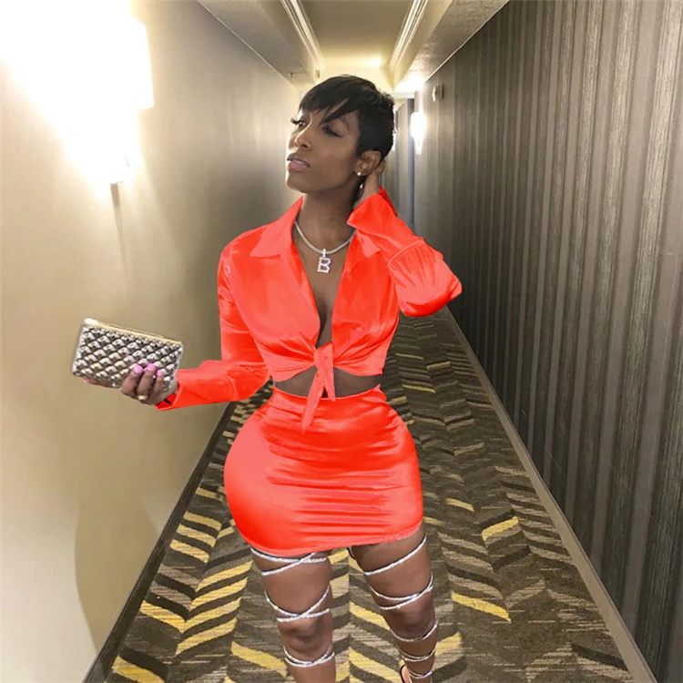 A120172 newest turn-down collar long sleeve tying deep v neck skirt set women pant two piece sets clothing