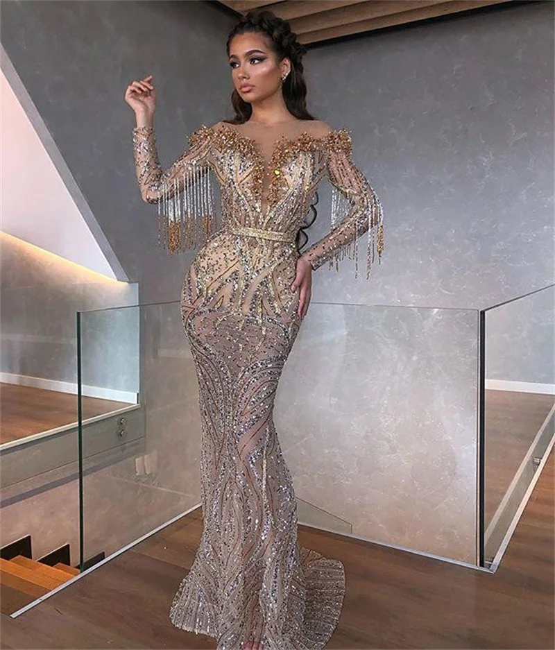 

Crystal Mermaid Evening Dresses Sheer Jewel Neck Beading Sequins Prom Dress Long Sleeves Illusion Sweep Train Formal Party Gown