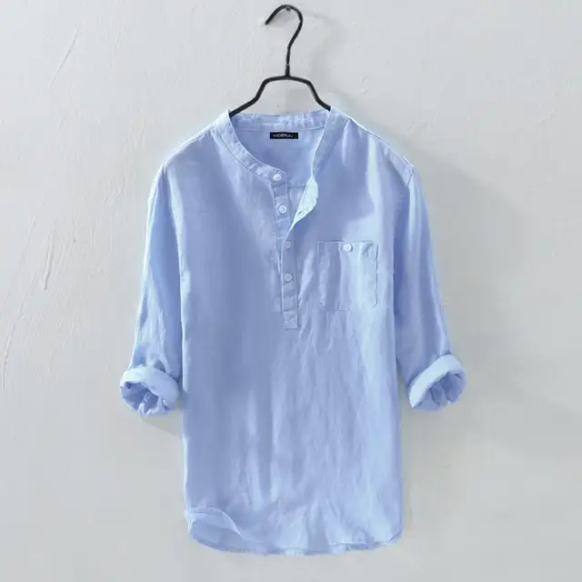 INCERUN Men Shirt Cotton 3/4 Sleeve Stand Collar Harajuku Tops Solid Color Vintage Brand Shirts 2022 Streetwear Camisa Masculina Blue Shirt