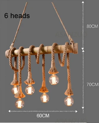 Американский кантри Ретро Личность пеньковая веревка подвесной светильник ресторан бар стол кафе украшения сада креативные бамбуковые трубчатые лампы - Цвет корпуса: 6 heads Without bolb