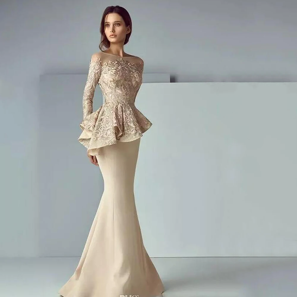 Glamorous Champagne Lace Prom Dresses 2021 Sheer Neck Long Sleeve Mother Of The Bride Dubai Arabic Mermaid Evening Go | Свадьбы и