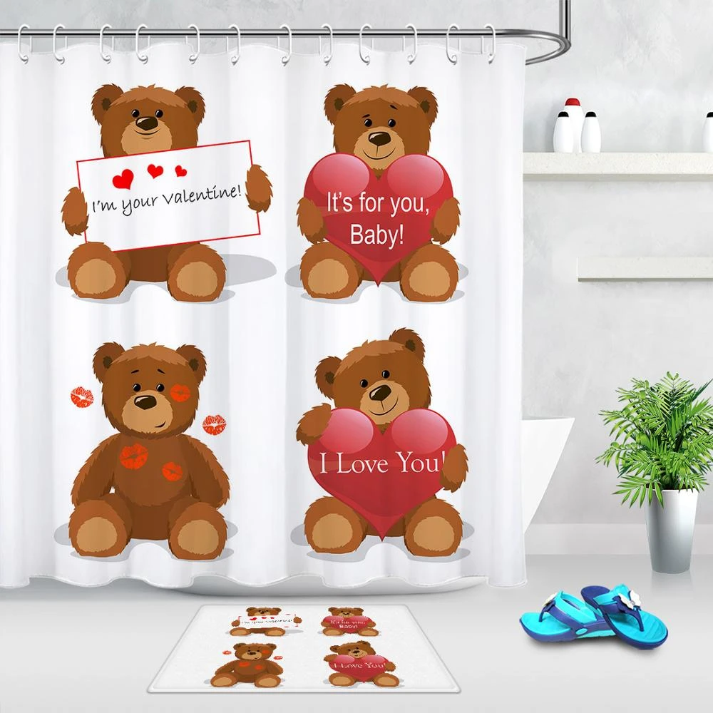 Valentine S Day Shower Curtain With Hooks Love Teddy Bear Bathroom Curtain Set Home Decor Gift Waterproof Polyester Fabric Shower Curtains Aliexpress