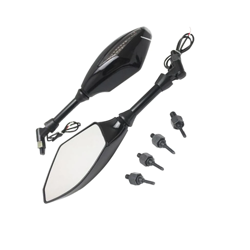 1 Pair Motorcycle Side Mirrors With LED Turn Indicator Light 8mm/10mm Adapters Plastic Shell