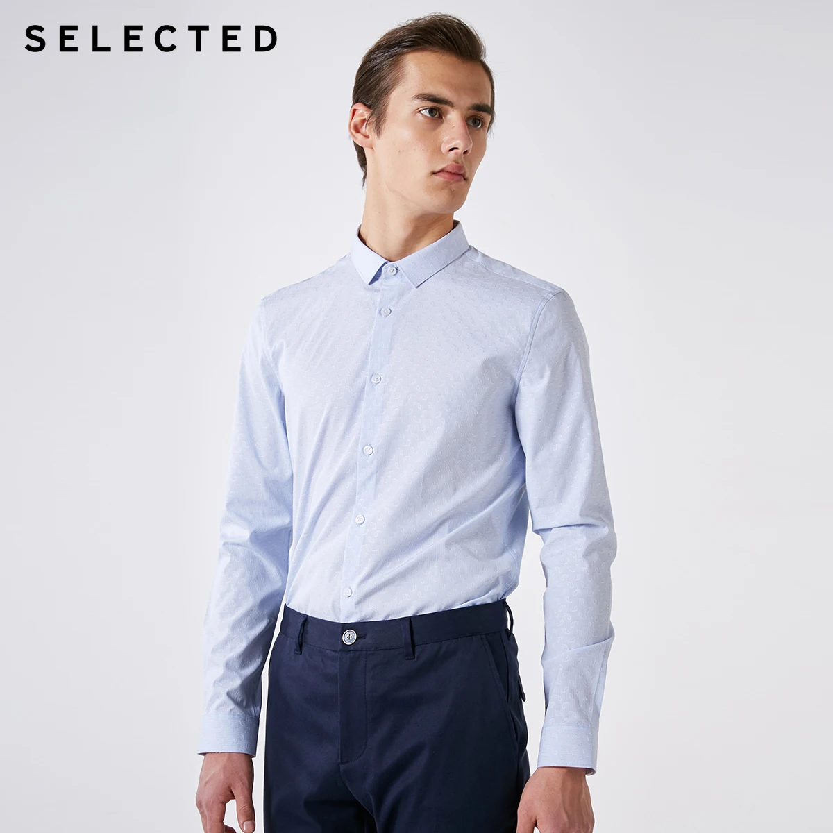 SELECTED Men's 100% Cotton Slim Fit Striped Jacquard Long-sleeved Shirt S|419105516 | Мужская одежда