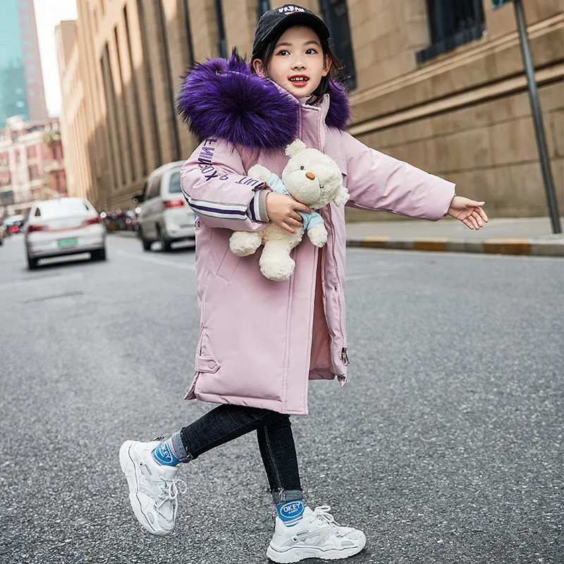 Пуховик для девочек г. Зимняя куртка для девочек, полиэстер, пальто новая Корейская утепленная Детская куртка с большим меховым воротником - Цвет: Розовый