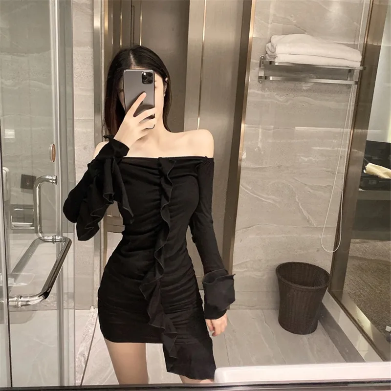 Настоящая фотография, новинка, модное, Ретро стиль, с длинными рукавами, с оборками, с карманами, с открытыми плечами, тонкое, одноцветное, сексуальное платье - Цвет: black