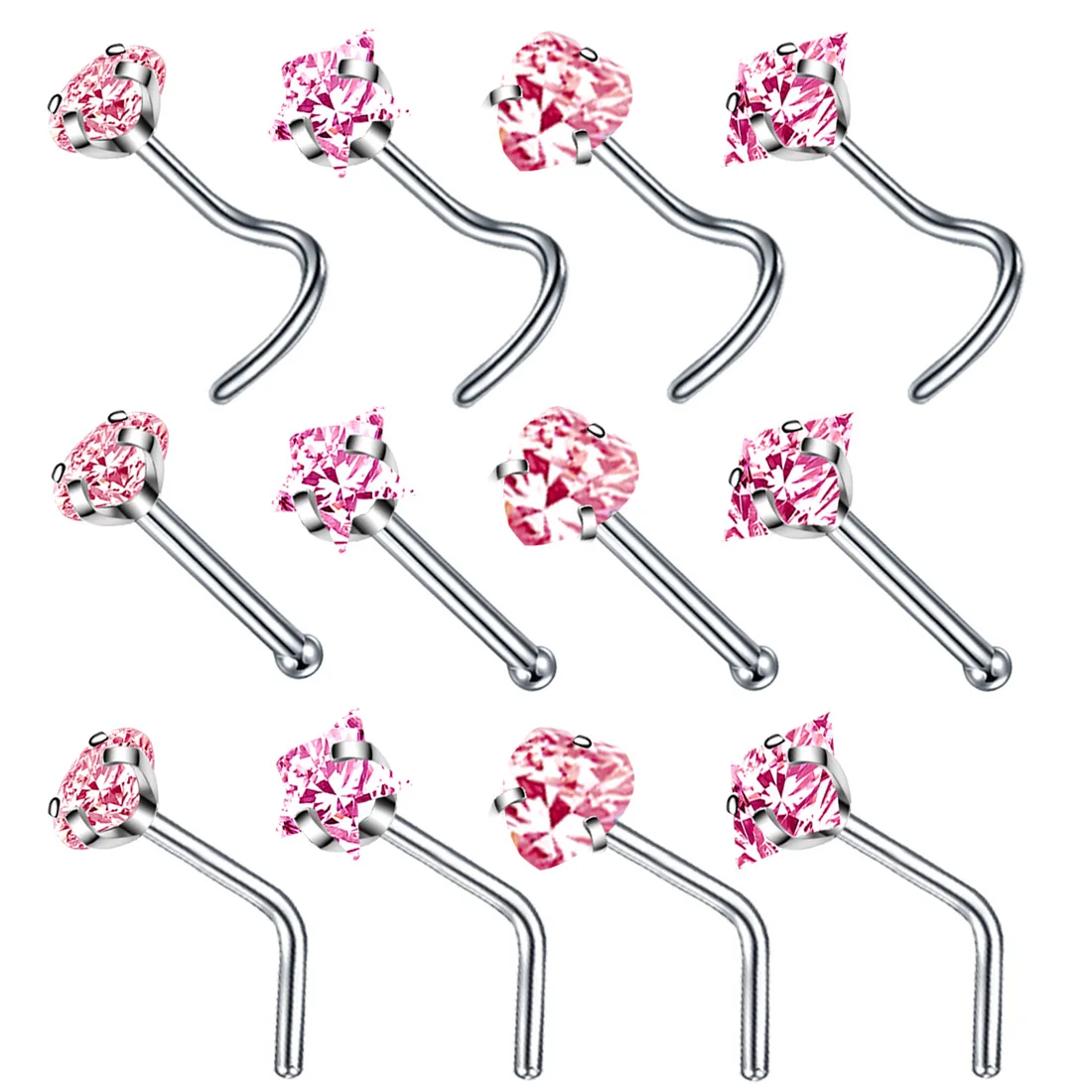 4PCS/Set nose rings Surgical Steel Heart Nose Ring Set Real Star L Shape Nose Stud Set Square Rings And Studs Bulk Piercing Nariz Lote