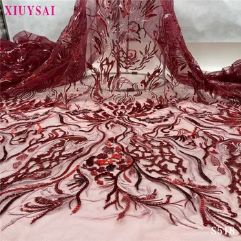 

2020 Beads Lace Handmade Fabric French Wedding Dress Latest Nigeria Cotton Embroidery White Good Price red Stones New S518