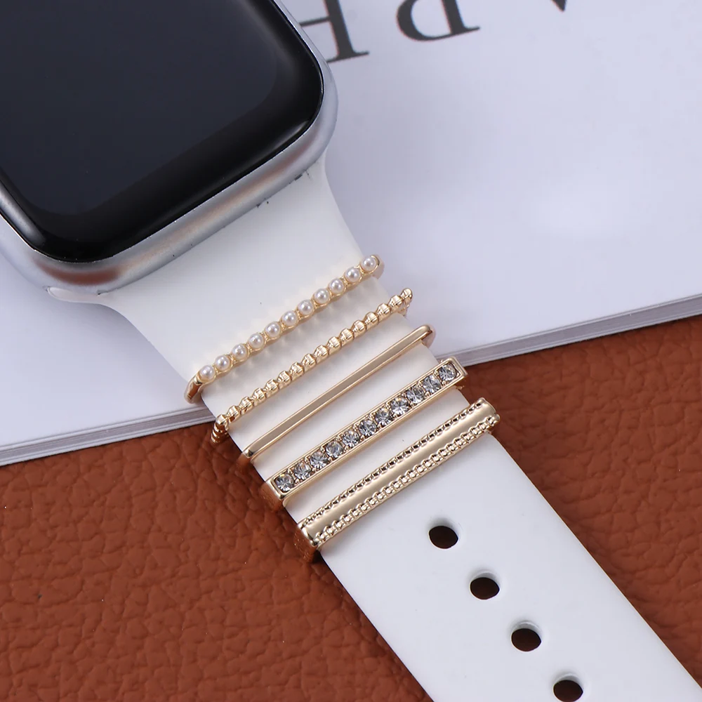 Elegant Pearl Diamond Ornament Ring for Smart Watch Band Strap Accessories