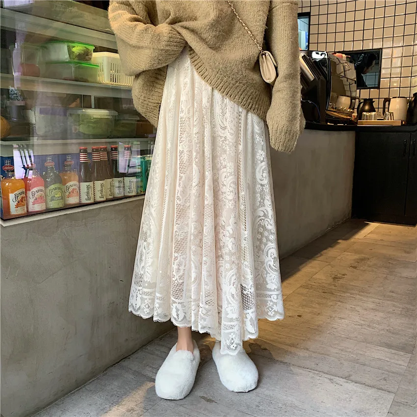 2021 New Korean Elegant Casual A-line Black Long Skirt Female Alien Kitty Elastic High Waist Lace Skirts Womens Spring Autumn denim skirt