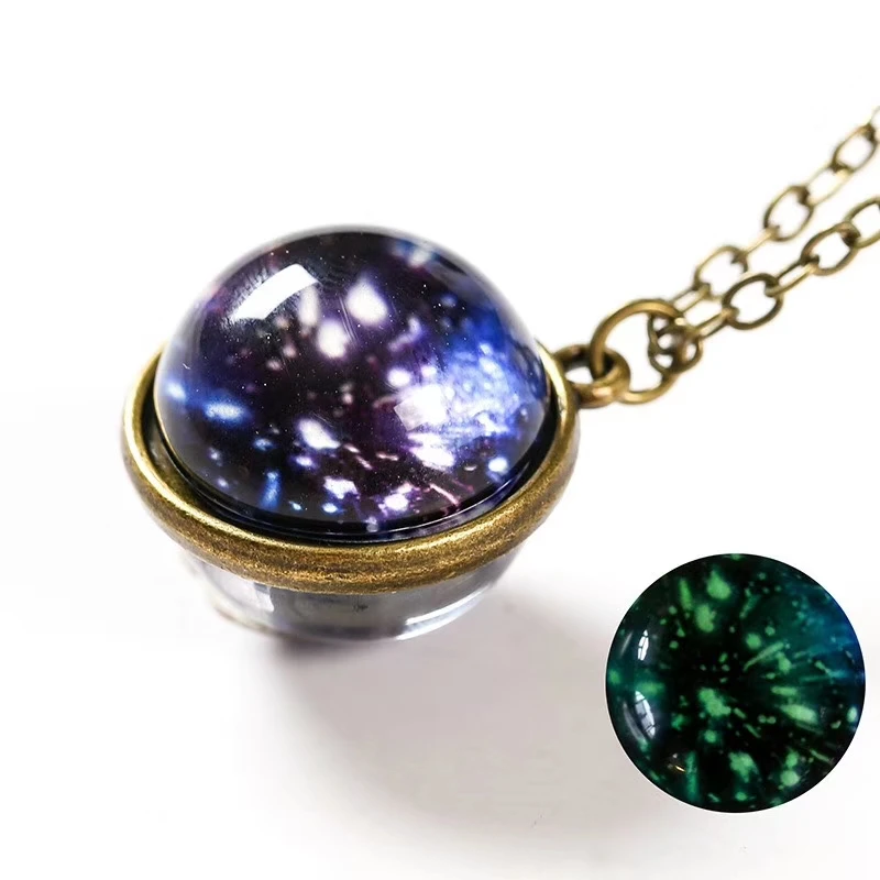 Galaxy Nebula Space Pendant Planet Glass Dome Glow In The Dark Necklace Jewelry 