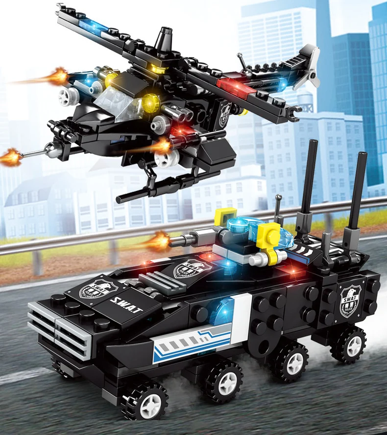 Специальная полицейская команда вертолет Танк бронированный автомобиль блоки полный набор детей сборки строительные блоки Развивающие игрушки подарок