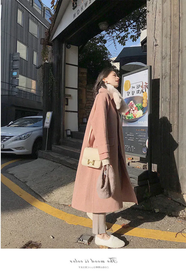 Шерстяное пальто с тыквенной долиной, женское, средней длины, для студентов, корейский стиль, свободное, толстое, выше колена, Хепберн, ветровка, зимняя, шерстяная куртка