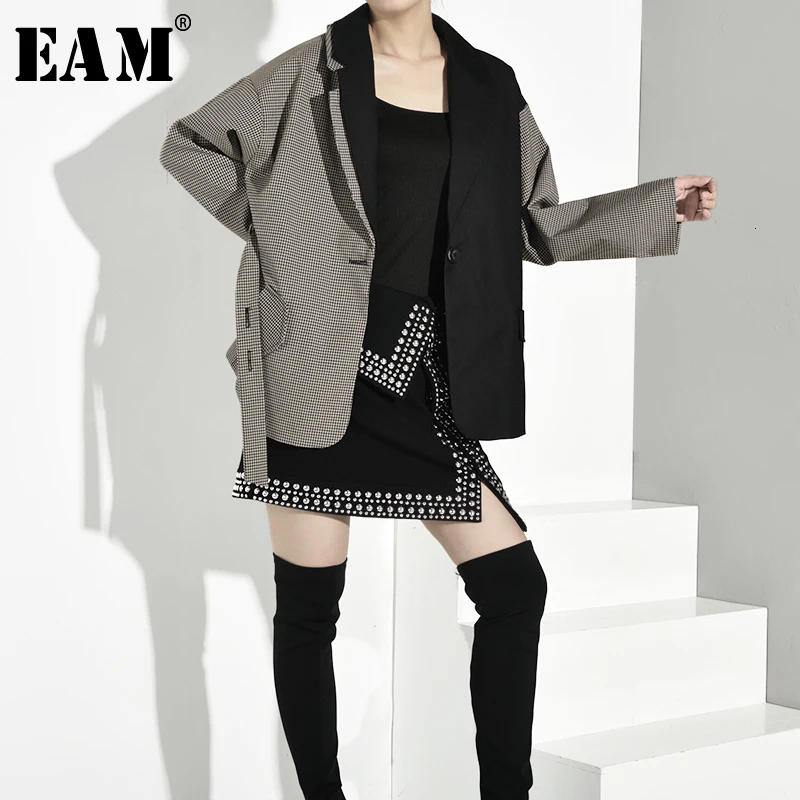 [EAM] Женский клетчатый бандажный Блейзер, новинка, с отворотом, длинный рукав, свободный крой, куртка, модный стиль, весна-осень, 1B5520