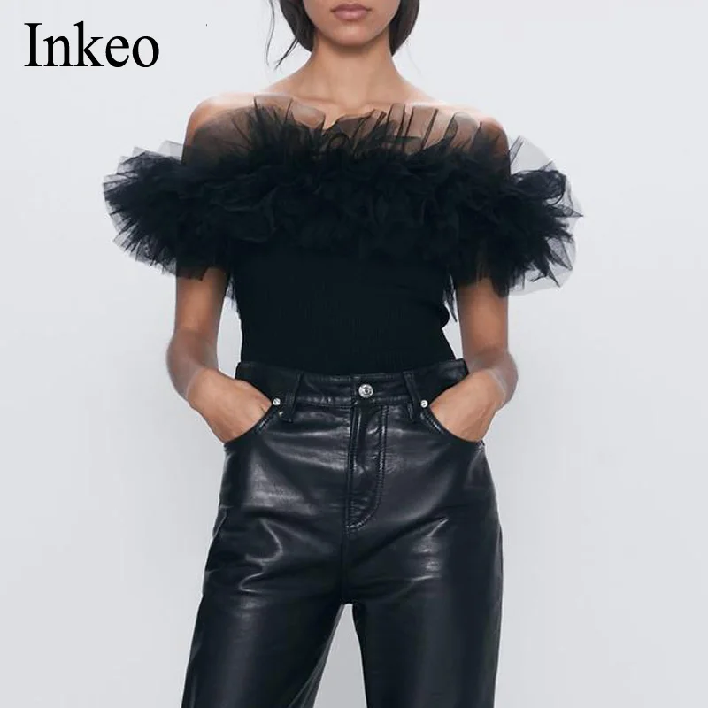 

Sexy Women Off shoulder Ladies Bodysuit Stretch 2020 Summer Party Club Mesh Patchwork Slim Tops Jumpsuit T-shirt INKEO 9J009