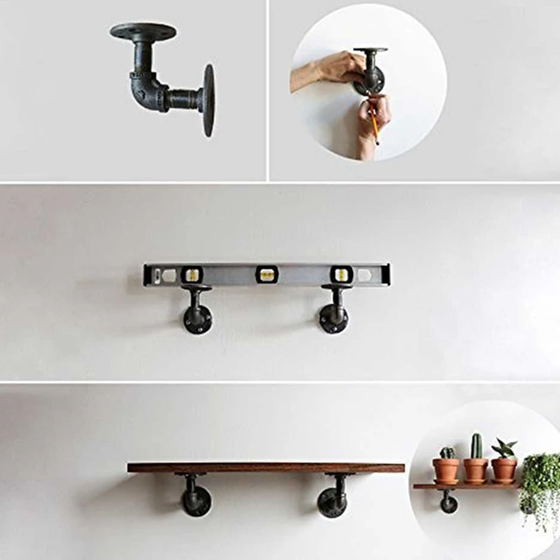 2PC Vintage Handicraft Urban Industrial Wall Mount Wood Storage Shelf Iron Pipe Floating Hanging Shelf Pipe Brackets Industrial