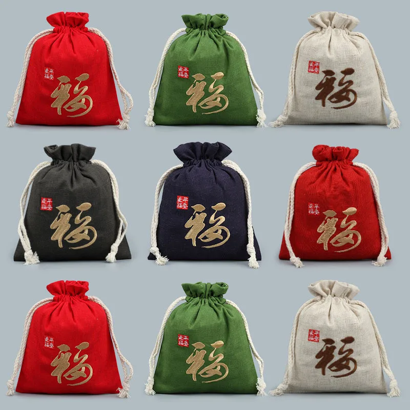 

13*16cm Embroidered Chinese Lucky Gifts Bags Cotton Linen Drawstring Jewelry Pouches Party Favors Packaging Pouch