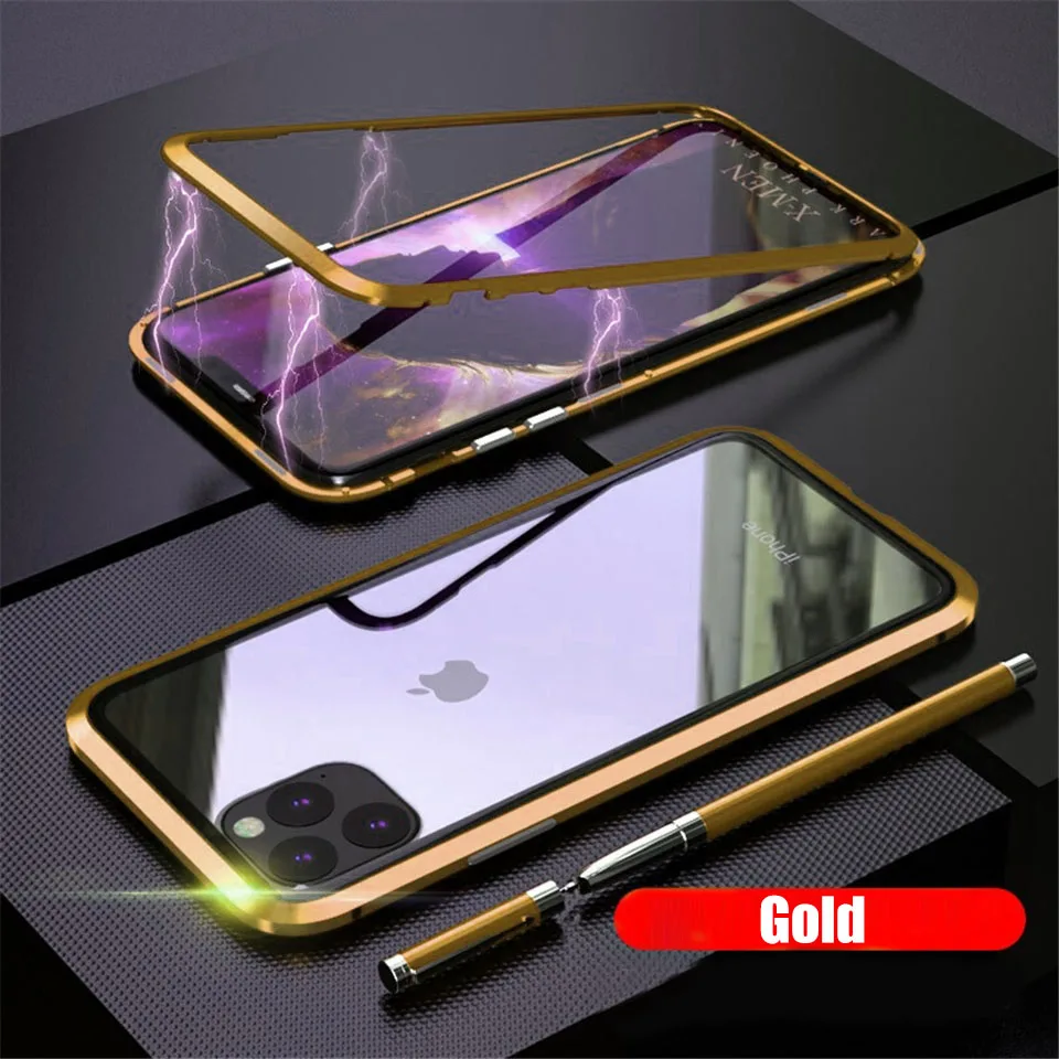 Металлический Магнитный Роскошный чехол для телефона для Apple iPhone 11 Pro Max 7 8 6S 6 Plus XR XS X 9H противоударный чехол из закаленного стекла - Цвет: Gold
