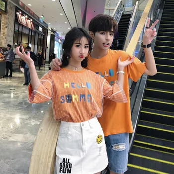 

Summer Casual Couple Clothes Korean Lovers Matching T Shirt Fashion Short Sleeve Plus Size Mens Tshirts Women Lace Tee Tops 2020