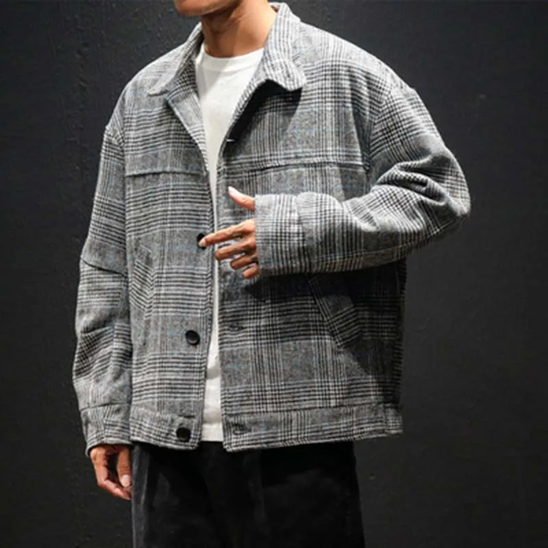 

2019 Oversize M-5XLSingle Breasted Plaid Patchwork Laple Pockets Gray Tops Fashion Windbreaker Autumn Men Loose Soft Fur Jackets