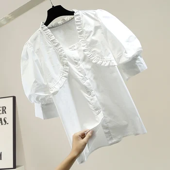 

Splicing Ruffles Puffed Sleeves Tops for Women 2020 New Temperament Short Sleeve Shirt Ladies Blouses Blusas Ropa De Mujer