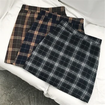 

Autumn Winter Women's Casual Skirts Japanese Kawaii Ulzzang Vintage Plaid High Waist A-line Skirt Female Harajuku Women Clothing