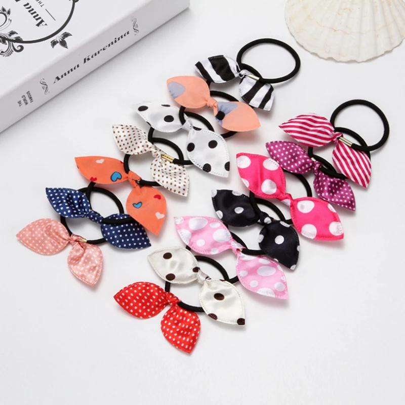 

100PCSLovely Rabbit Ear Scrunchies Cute Hair Ties Striped Dot Elastic Hairbands Hair Accessories for Woman Hair Rope Gum