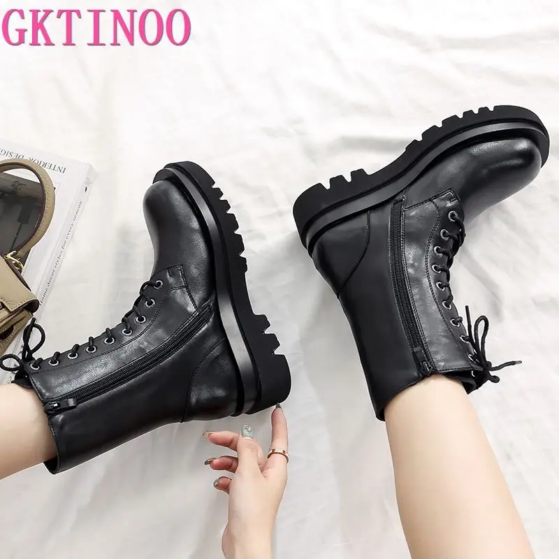

GKTINOO 2021 Genuine Leather Boots Women Shoes Thick Sole Lace Up Autumn Winter Short Ankle Boots For Women Motorcycle Boots