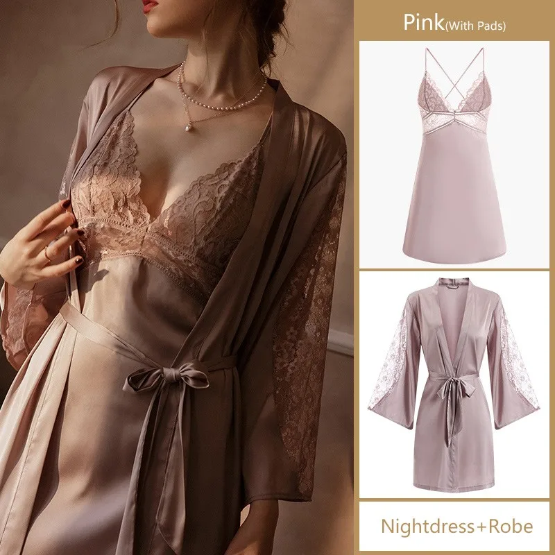 Robe Sets Night Dress Women Satin Sleepwear Bride Bridesmaid Wedding Gift  Sexy Lace Nightgown Kimono Bathrobe Gown