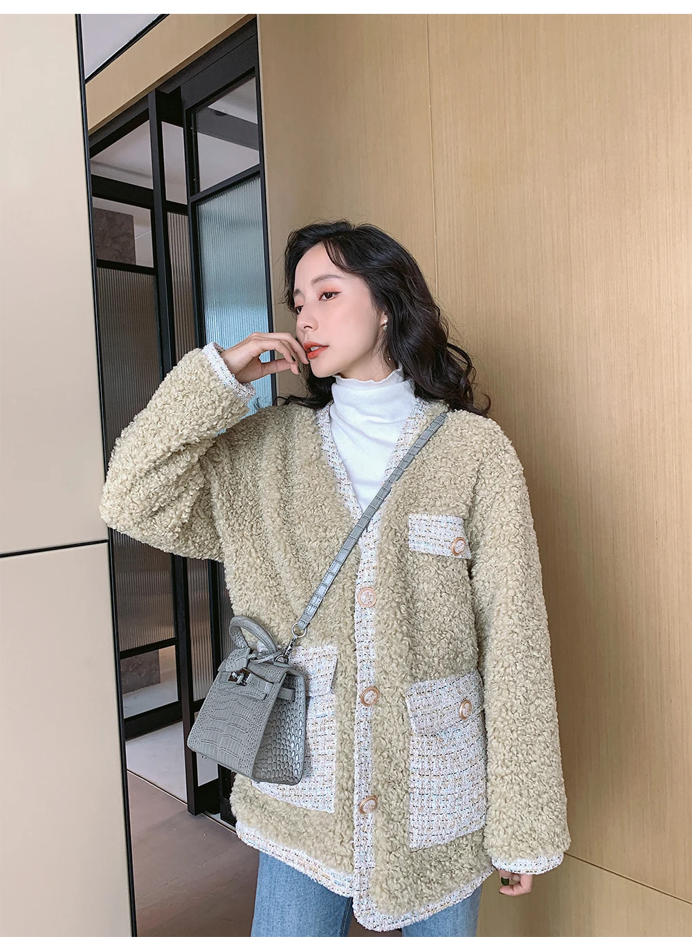 AMOR LIVE Cashmere Elegant Faux Fur Coat For Women Warm Soft Fur Jacket Female Plush Overcoat Pocket Casual Chic Splice пальто