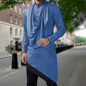

INCERUN Men Shirt Indian Clothes Patchwork Streetwear Long Sleeve Vintage Stand Collar Muslim Robes Men Irregular Shirts S-5XL