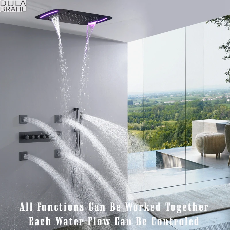 Thermostatic Rain Shower System Faucet Set 28X17 Inch Ceil Mounted Waterfall Shower Head LED Panel Bath Mixer Massage Body Jets