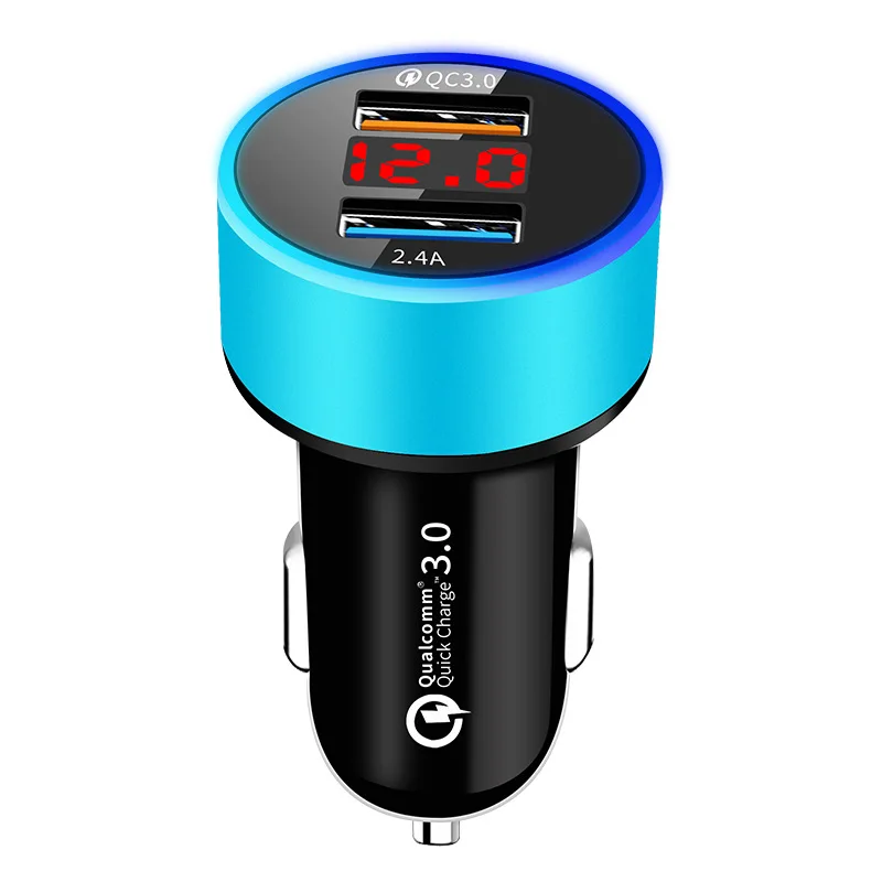 Автомобильное зарядное устройство QC 3,0, 2 порта, два порта USB, быстрое зарядное устройство 3.1A, светодиодный мониторинг напряжения с кабелем 3 в 1 для iphone, Xiaomi, samsung - Тип штекера: Blue style 2