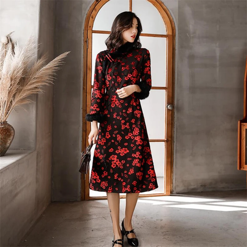 Зима размера плюс китайские платья для женщин с длинным рукавом qipao 3XL 4XL 5XL жаккард цветочный cheongsam современное китайское вязаное платье