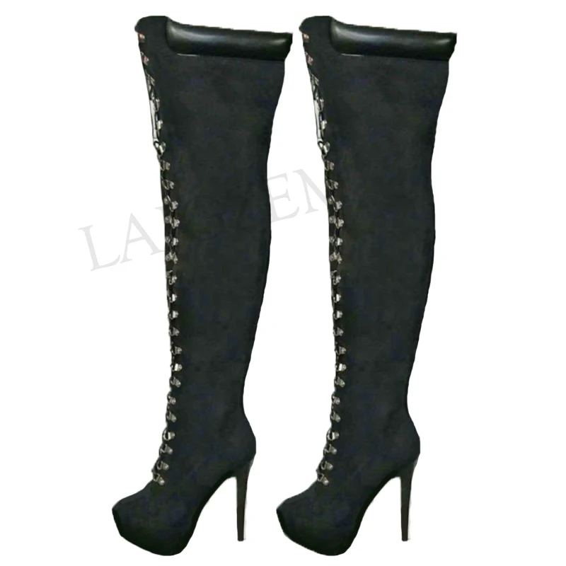 LGZ986 Black LAIGZEM; женские Сапоги выше колена; удобные сапоги до середины голени на шнуровке и шпильке; сапоги на платформе; зимняя обувь; Botine; большие размеры 50, 51, 52 - Цвет: LGZ986 Black