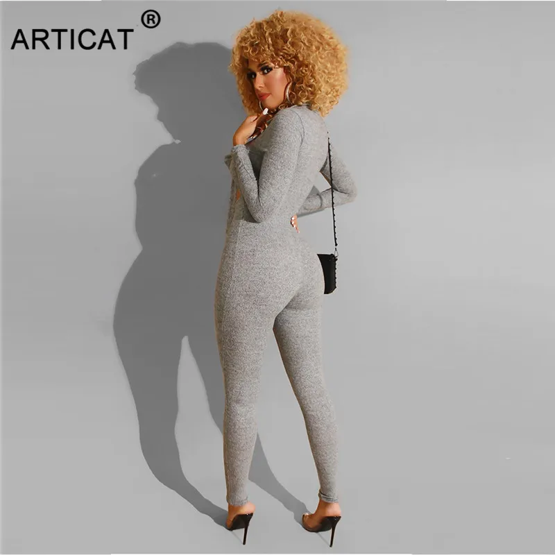 Articat, сексуальный комбинезон с длинным рукавом, женские облегающие Комбинезоны на шнуровке, Женские однотонные осенние вечерние комбинезоны с длинным рукавом