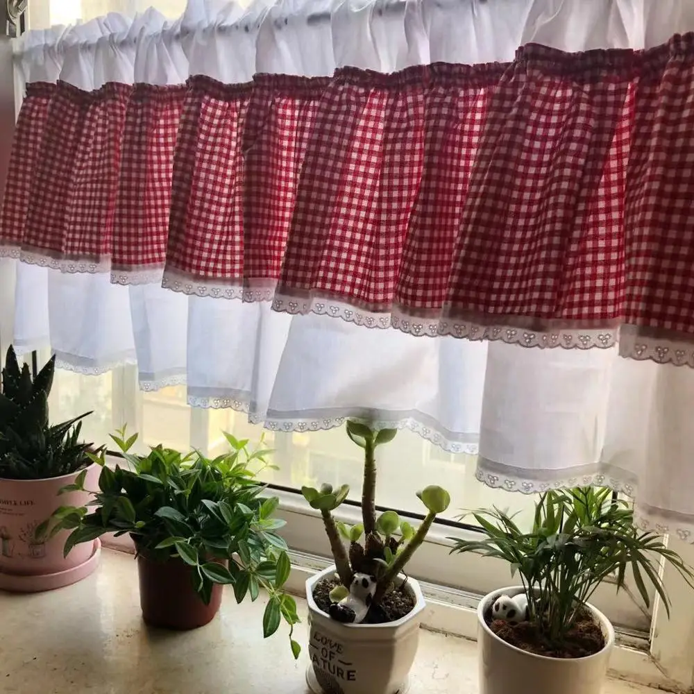 Корейский стиль Красный Клетчатый сращивающийся белый кружевной край хлопок