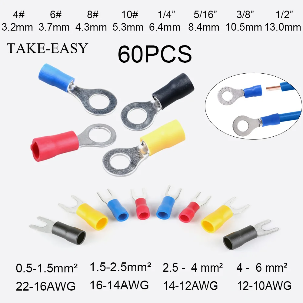 TAKE EASY 60Pcs Ring Terminals Crimp Connector Wire Terminal Cable