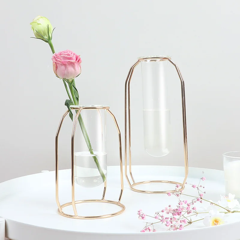 Нордическая прозрачная трубка стеклянная металлическая подставка под цветок розовое золото художественная ваза домашний гидропонный горшок для растений цветочное расположение декора