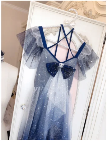 Kawaii girl gothic lolita op loli grenadine fairy bowknot flying sleeve victorian dress Gorgeous starry sky sweet lolita dress
