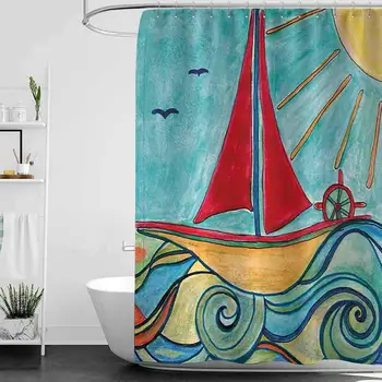 

Ship in The Waves of Ocean Sun Kids Girls Nursery Picture Teal Red Earth Yellow Shower Curtain